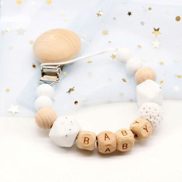 Personalized Wooden Pacifier Clip - White