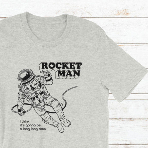 Closeup of grey Rocket man t-shirt