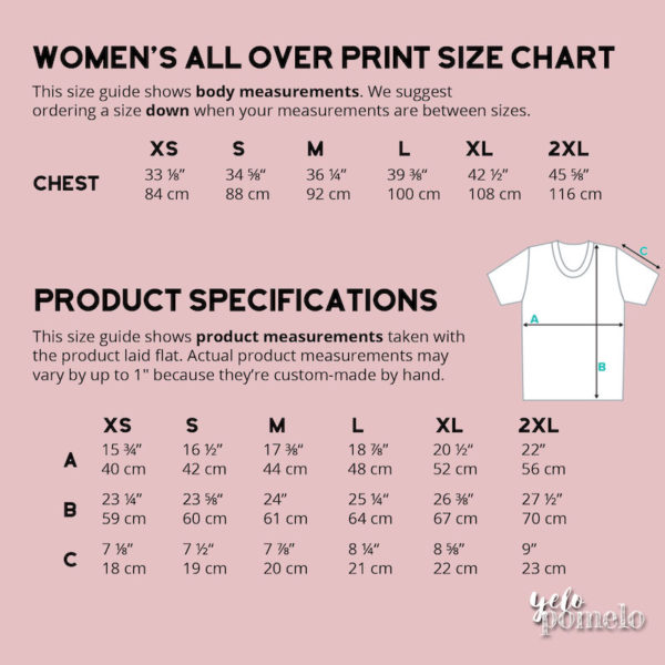Size chart: women's all over print sublimation tee