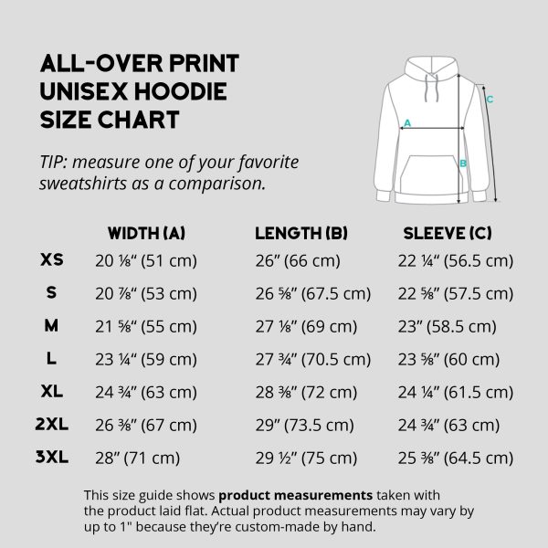 Size Chart: unisex all over print hoodie